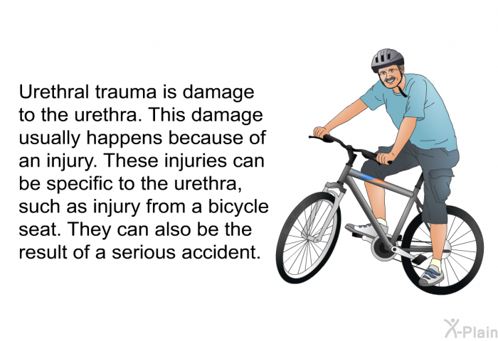 Urethral trauma is damage to the urethra. This damage usually happens because of an injury. These injuries can be specific to the urethra, such as injury from a bicycle seat. They can also be the result of a serious accident.