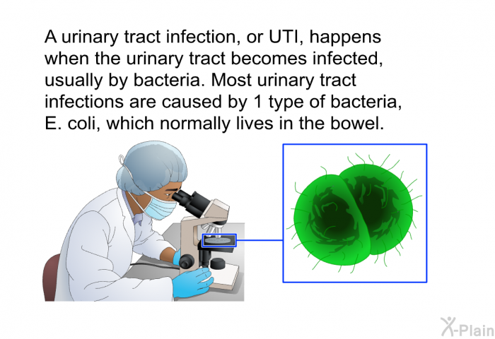 A urinary tract infection, or UTI, happens when the urinary tract becomes infected, usually by bacteria. Most urinary tract infections are caused by 1 type of bacteria, E. coli, which normally lives in the bowel.