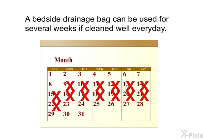 A bedside drainage bag can be used for several weeks if cleaned well everyday.