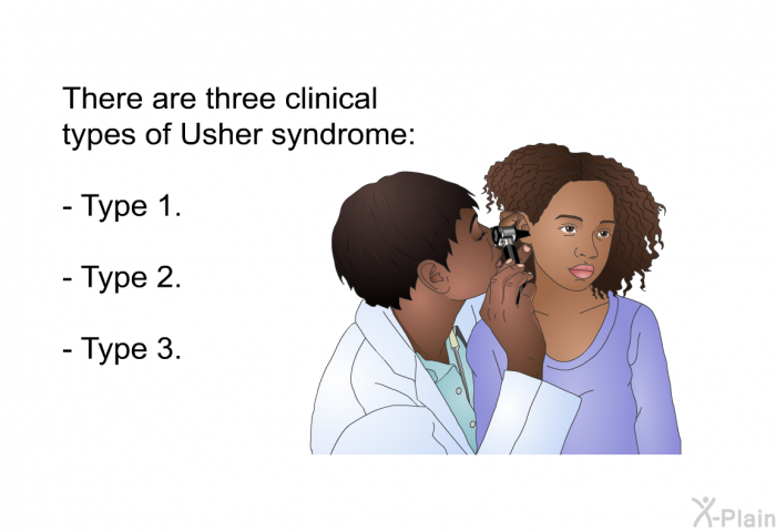 There are three clinical types of Usher syndrome:  Type 1. Type 2. Type 3.