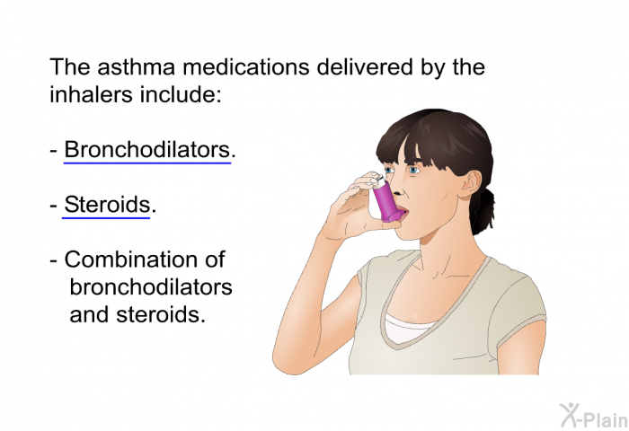 The asthma medications delivered by the inhalers include:  Bronchodilators. Steroids. Combination of bronchodilators and steroids.