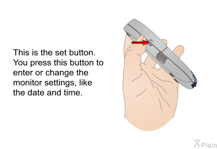 This is the set button. You press this button to enter or change the monitor settings, like the date and time.