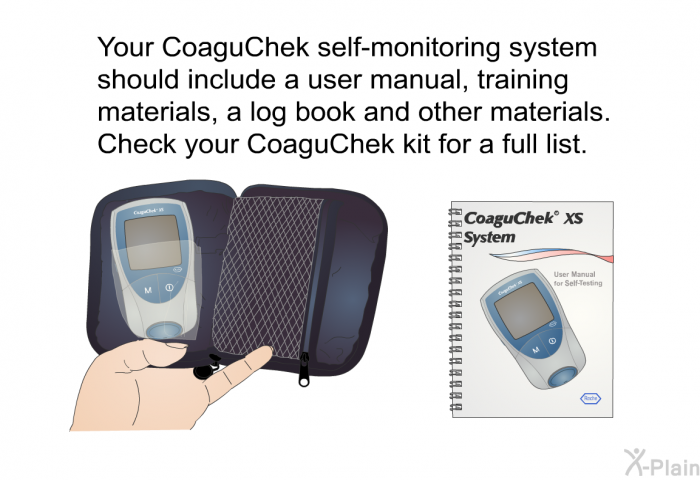Your CoaguChek self-monitoring system should include a user manual, training materials, a log book and other materials. Check your CoaguChek kit for a full list.