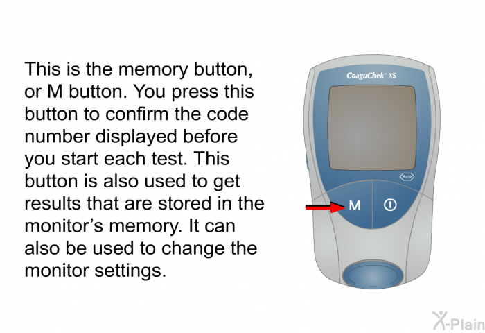 This is the memory button, or M button. You press this button to confirm the code number displayed before you start each test. This button is also used to get results that are stored in the monitor's memory. It can also be used to change the monitor settings.