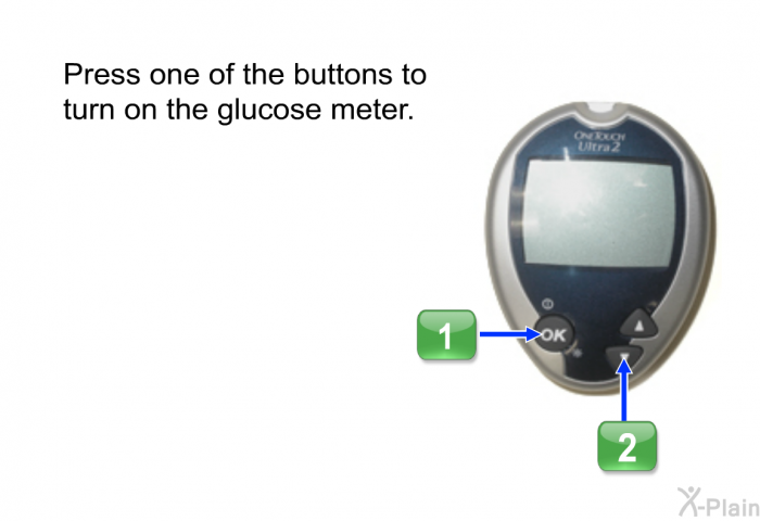 Press one of the buttons to turn on the glucose meter. 1 or 2