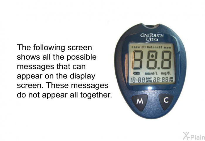 The following screen shows all the possible messages that can appear on the display screen. These messages do not appear all together.