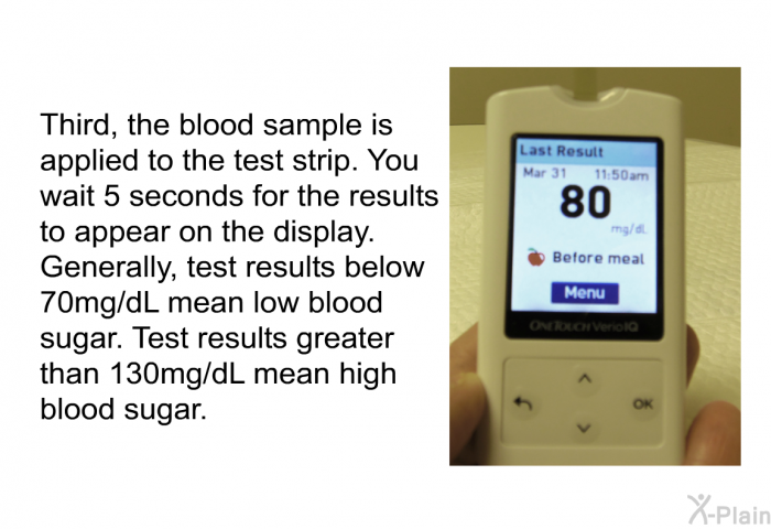 Third, the blood sample is applied to the test strip. You wait 5 seconds for the results to appear on the display. Generally, test results below 70mg/dL mean low blood sugar. Test results greater than 130mg/dL mean high blood sugar.