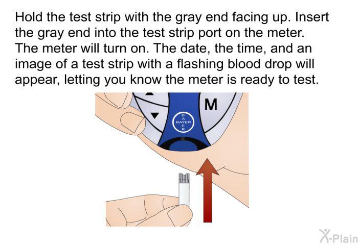Hold the test strip with the gray end facing up. Insert the gray end into the test strip port on the meter. The meter will turn on. The date, the time, and an image of a test strip with a flashing blood drop will appear, letting you know the meter is ready to test.
