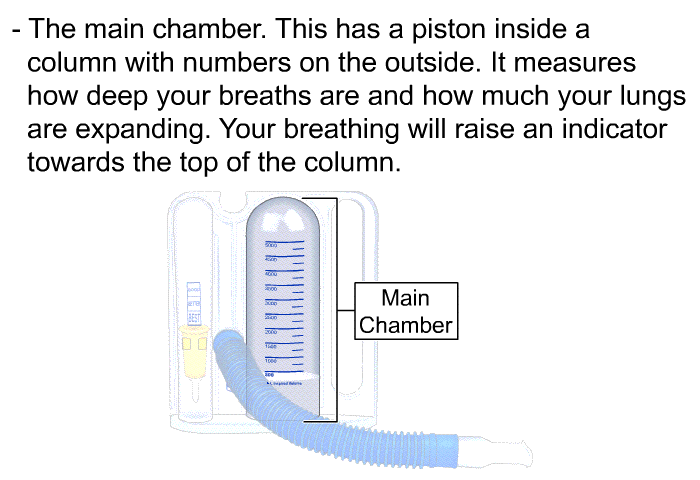 The main chamber. This has a piston inside a column with numbers on the outside. It measures how deep your breaths are and how much your lungs are expanding. Your breathing will raise an indicator towards the top of the column.