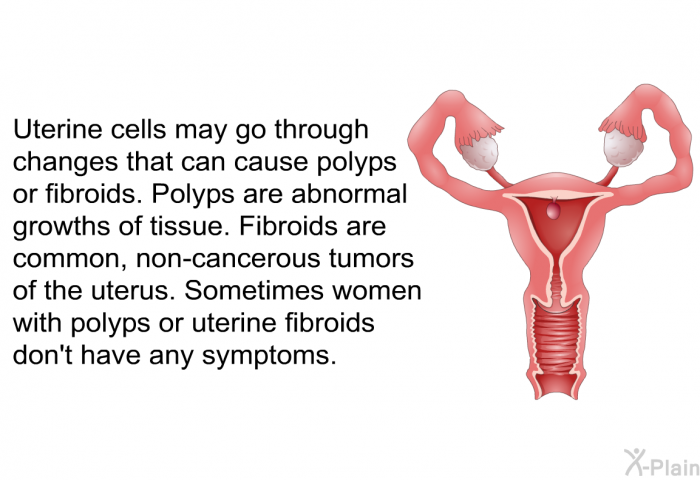 Uterine cells may go through changes that can cause polyps or fibroids. Polyps are abnormal growths of tissue. Fibroids are common, non-cancerous tumors of the uterus. Sometimes women with polyps or uterine fibroids don't have any symptoms.
