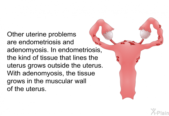Other uterine problems are endometriosis and adenomyosis. In endometriosis, the kind of tissue that lines the uterus grows outside the uterus. With adenomyosis, the tissue grows in the muscular wall of the uterus.