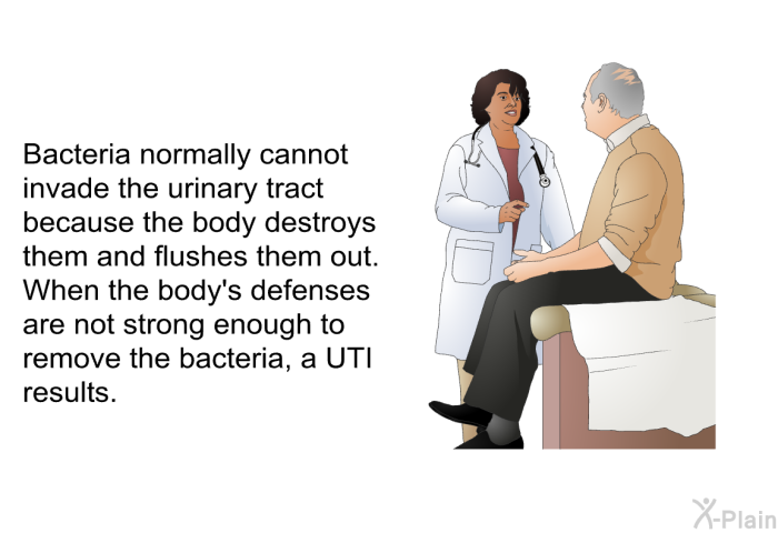 Bacteria normally cannot invade the urinary tract because the body destroys them and flushes them out. When the body's defenses are not strong enough to remove the bacteria, a UTI results.