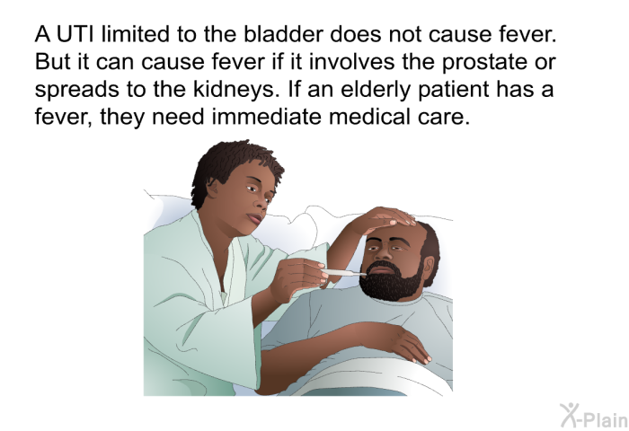 A UTI limited to the bladder does not cause fever. But it can cause fever if it involves the prostate or spreads to the kidneys. If an elderly patient has a fever, they need immediate medical care.