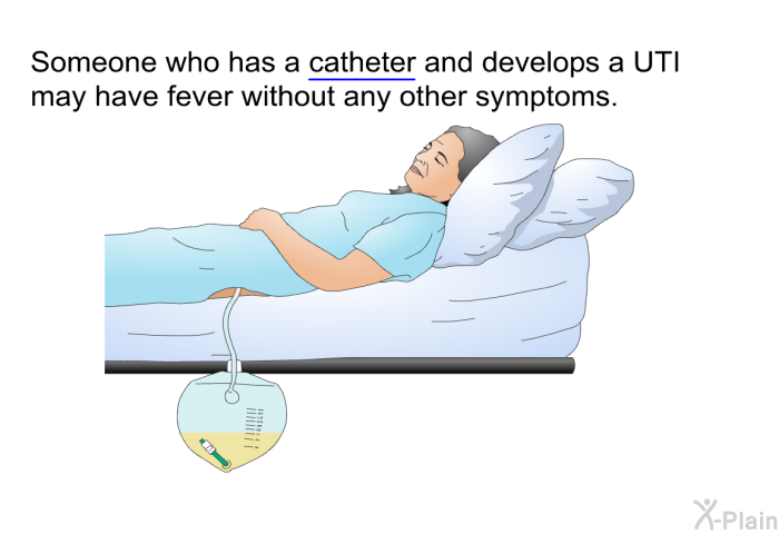 Someone who has a catheter and develops a UTI may have fever without any other symptoms.