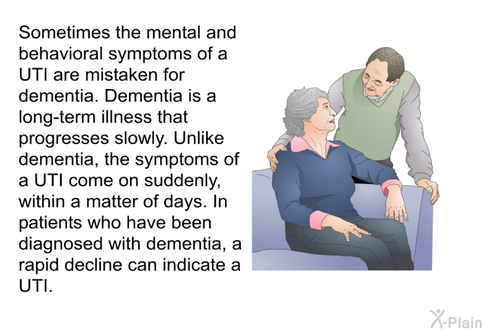 Sometimes the mental and behavioral symptoms of a UTI are mistaken for dementia. Dementia is a long-term illness that progresses slowly. Unlike dementia, the symptoms of a UTI come on suddenly, within a matter of days. In patients who have been diagnosed with dementia, a rapid decline can indicate a UTI.