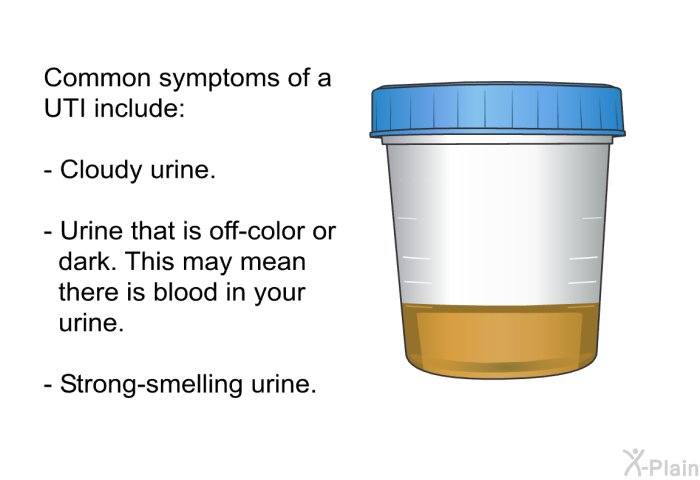 Common symptoms of a UTI include:  Cloudy urine. Urine that is off-color or dark. This may mean there is blood in your urine. Strong-smelling urine.