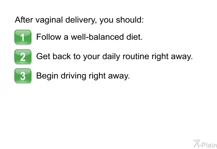 After vaginal delivery, you should:  Follow a well-balanced diet. Get back to your daily routine right away. Begin driving right away,