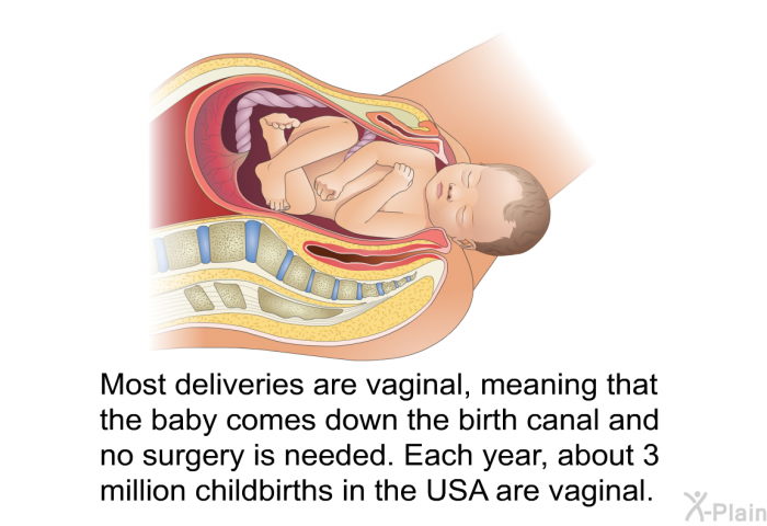 Most deliveries are vaginal, meaning that the baby comes down the birth canal and no surgery is needed. Each year, about 3 million childbirths in the USA are vaginal.