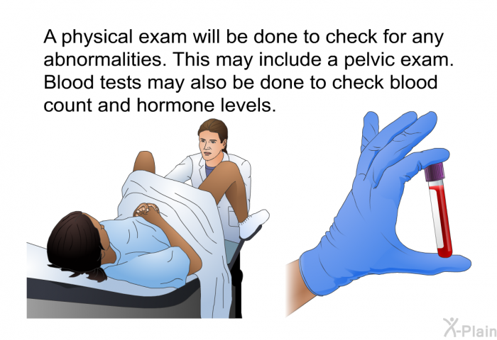 A physical exam will be done to check for any abnormalities. This may include a pelvic exam. Blood tests may also be done to check blood count and hormone levels.