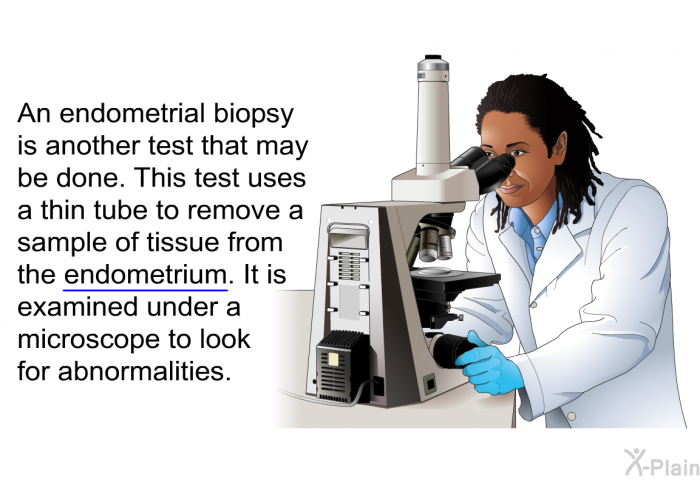 An endometrial biopsy is another test that may be done. This test uses a thin tube to remove a sample of tissue from the <U>endometrium</U>. It is examined under a microscope to look for abnormalities.