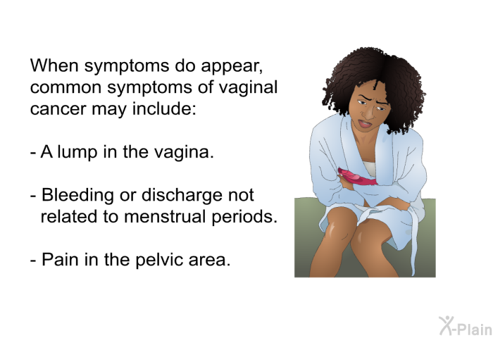 When symptoms do appear, common symptoms of vaginal cancer may include:  A lump in the vagina. Bleeding or discharge not related to menstrual periods. Pain in the pelvic area.