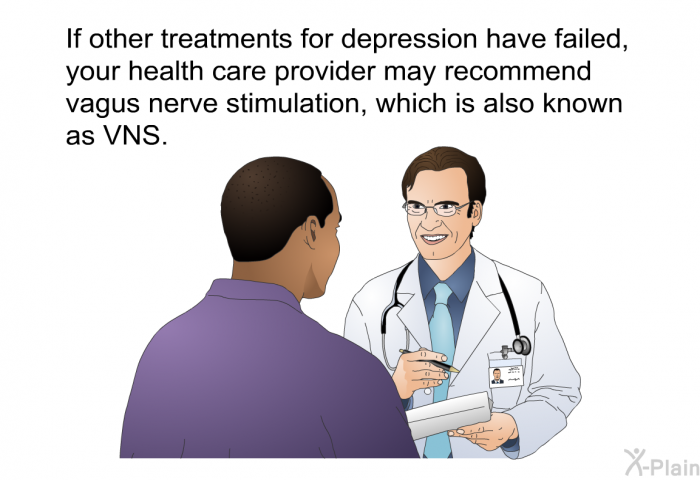 If other treatments for depression have failed, your health care provider may recommend vagus nerve stimulation, which is also known as VNS.
