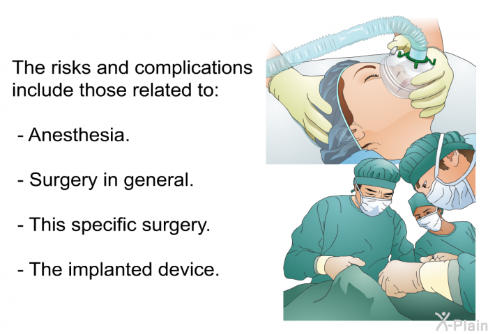 The risks and complications include those related to:  Anesthesia. Surgery in general. This specific surgery. The implanted device.