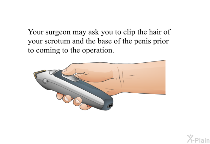 Your surgeon may ask you to clip the hair of your scrotum and the base of the penis prior to coming to the operation.