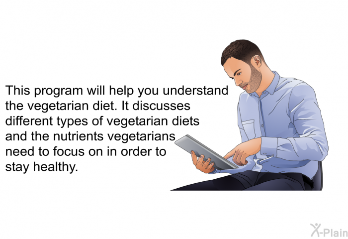 This health information will help you understand the vegetarian diet. It discusses different types of vegetarian diets and the nutrients vegetarians need to focus on in order to stay healthy.