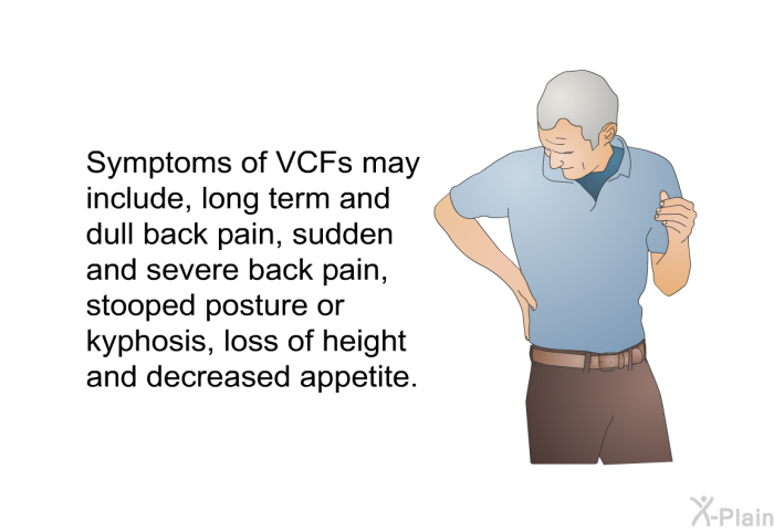 Symptoms of VCFs may include, long term and dull back pain, sudden and severe back pain, stooped posture or kyphosis, loss of height and decreased appetite.
