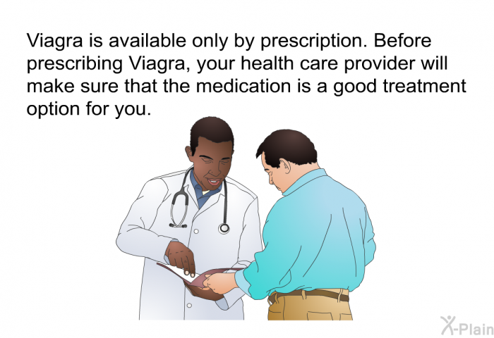 Viagra is available only by prescription. Before prescribing Viagra, your health care provider will make sure that the medication is a good treatment option for you.