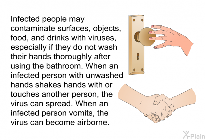 Infected people may contaminate surfaces, objects, food, and drinks with viruses, especially if they do not wash their hands thoroughly after using the bathroom. When an infected person with unwashed hands shakes hands with or touches another person, the virus can spread. When an infected person vomits, the virus can become airborne.