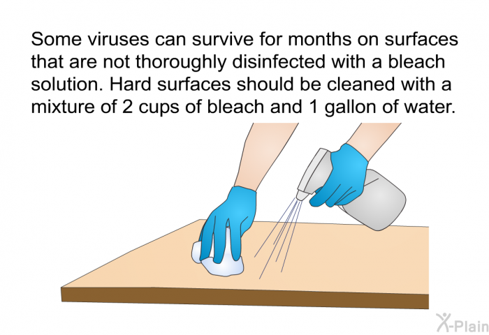 Some viruses can survive for months on surfaces that are not thoroughly disinfected with a bleach solution. Hard surfaces should be cleaned with a mixture of 2 cups of bleach and 1 gallon of water.