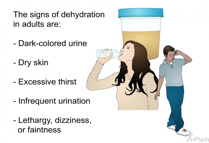 The signs of dehydration in adults are:  Dark-colored urine Dry skin Excessive thirst Infrequent urination Lethargy, dizziness, or faintness