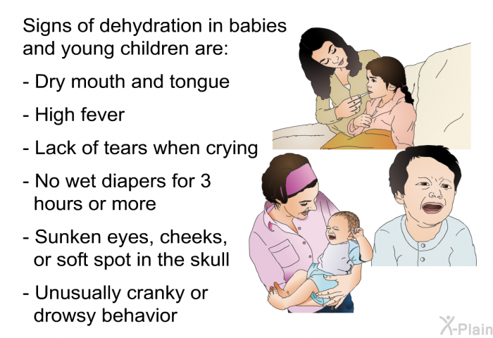 Signs of dehydration in babies and young children are:  Dry mouth and tongue High fever Lack of tears when crying No wet diapers for 3 hours or more Sunken eyes, cheeks, or soft spot in the skull Unusually cranky or drowsy behavior