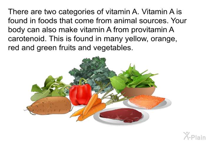 There are two categories of vitamin A. Vitamin A is found in foods that come from animal sources. Your body can also make vitamin A from provitamin A carotenoid. This is found in many yellow, orange, red and green fruits and vegetables.
