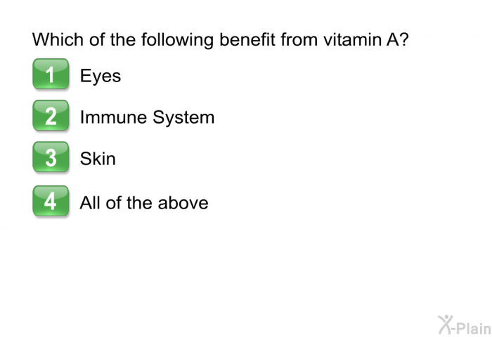 Which of the following benefit from vitamin A?  Eyes Immune System Skin All of the above