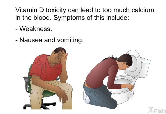 Vitamin D toxicity can lead to too much calcium in the blood. Symptoms of this include:  Weakness. Nausea and vomiting.