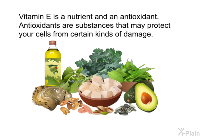 Vitamin E is a nutrient and an antioxidant. Antioxidants are substances that may protect your cells from certain kinds of damage.