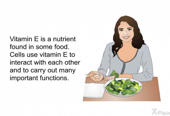 Vitamin E is a nutrient found in some food. Cells use vitamin E to interact with each other and to carry out many important functions.