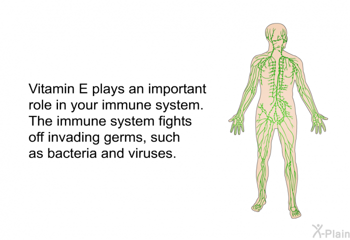 Vitamin E plays an important role in your immune system. The immune system fights off invading germs, such as bacteria and viruses.