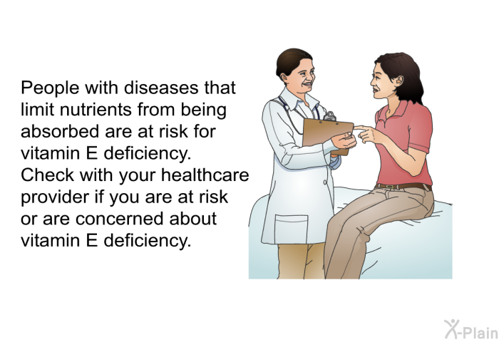 People with diseases that limit nutrients from being absorbed are at risk for vitamin E deficiency. Check with your healthcare provider if you are at risk or are concerned about vitamin E deficiency.