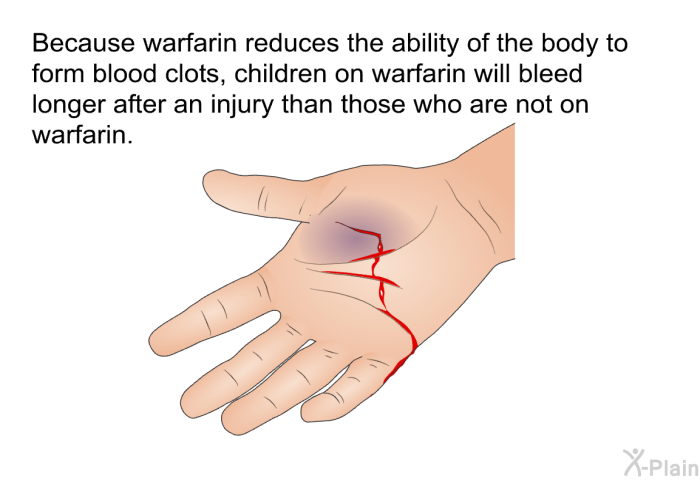 Because warfarin reduces the ability of the body to form blood clots, children on warfarin will bleed longer after an injury than those who are not on warfarin.