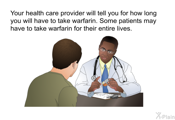 Your health care provider will tell you for how long you will have to take warfarin. Some patients may have to take warfarin for their entire lives.