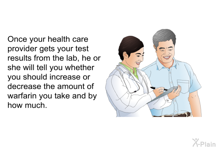 Once your health care provider gets your test results from the lab, he or she will tell you whether you should increase or decrease the amount of warfarin you take and by how much.