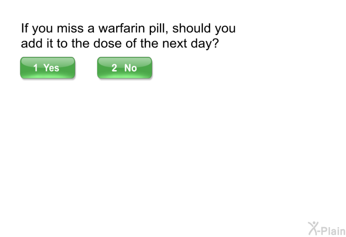 If you miss a warfarin pill, should you add it to the dose of the next day?