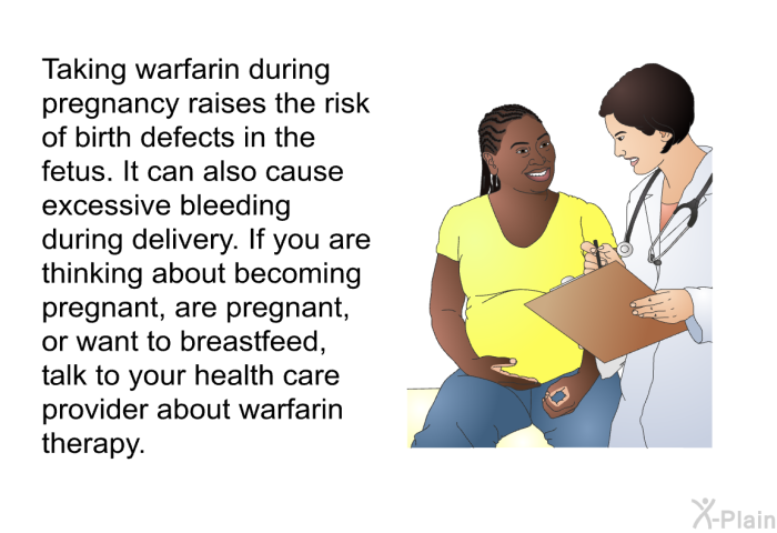 Taking warfarin during pregnancy raises the risk of birth defects in the fetus. It can also cause excessive bleeding during delivery. If you are thinking about becoming pregnant, are pregnant, or want to breastfeed, talk to your health care provider about warfarin therapy.