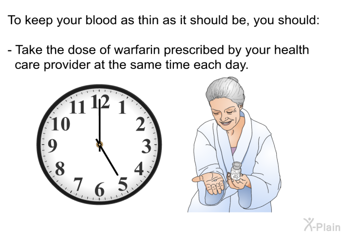To keep your blood as thin as it should be, you should:  Take the dose of warfarin prescribed by your health care provider at the same time each day.