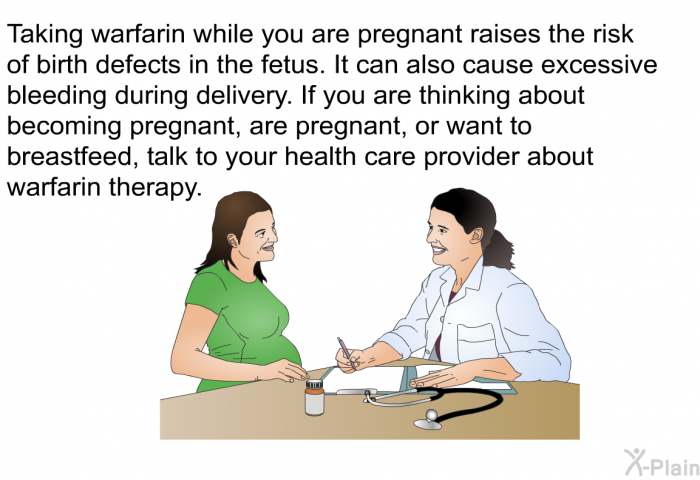 Taking warfarin while you are pregnant raises the risk of birth defects in the fetus. It can also cause excessive bleeding during delivery. If you are thinking about becoming pregnant, are pregnant, or want to breastfeed, talk to your health care provider about warfarin therapy.