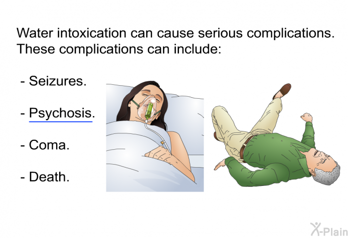 Water intoxication can cause serious complications. These complications can include:  Seizures. Psychosis. Coma. Death.